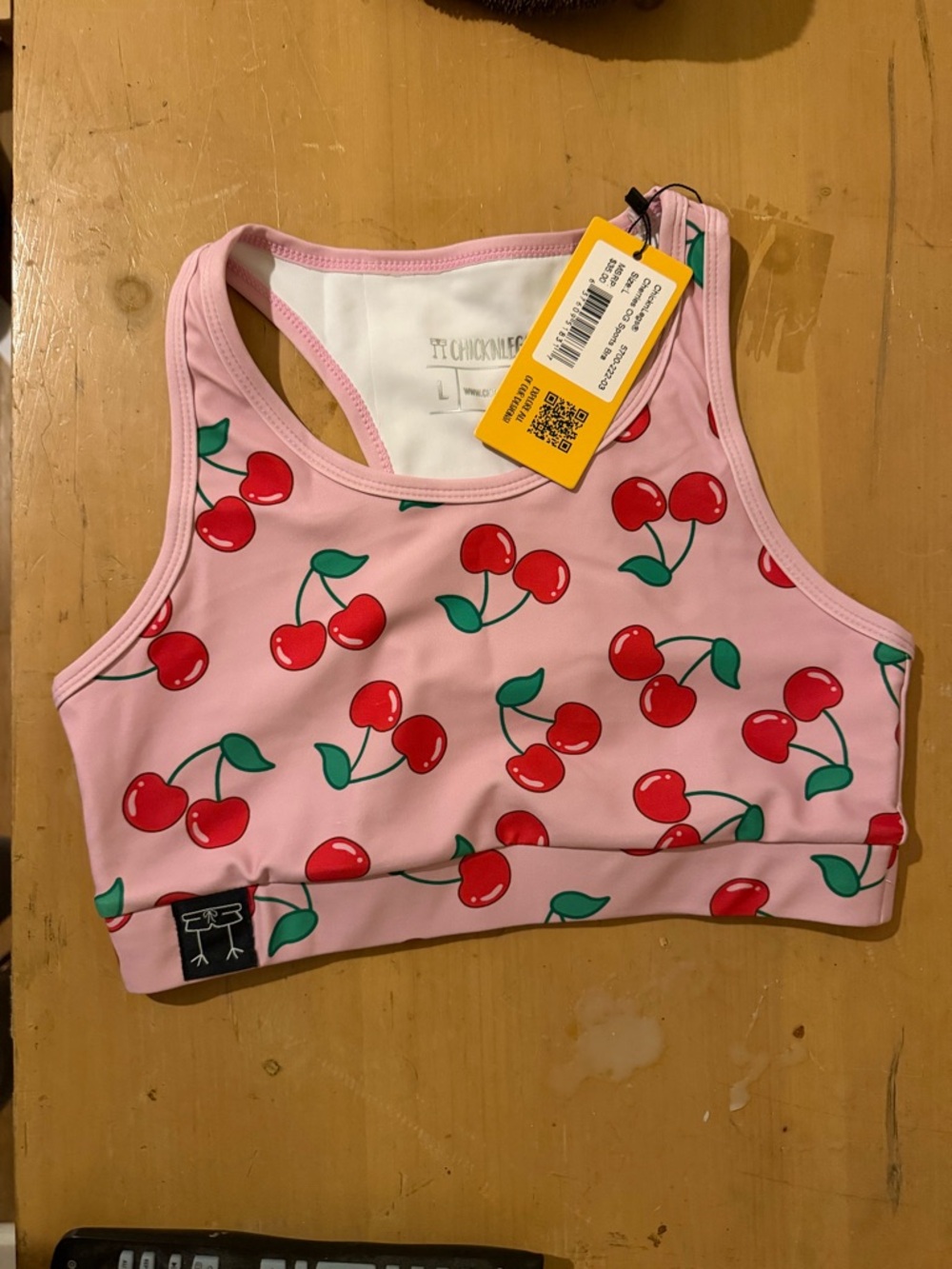 Chicknlegs Pink Cherry Print Racerback Sports Bra - size L